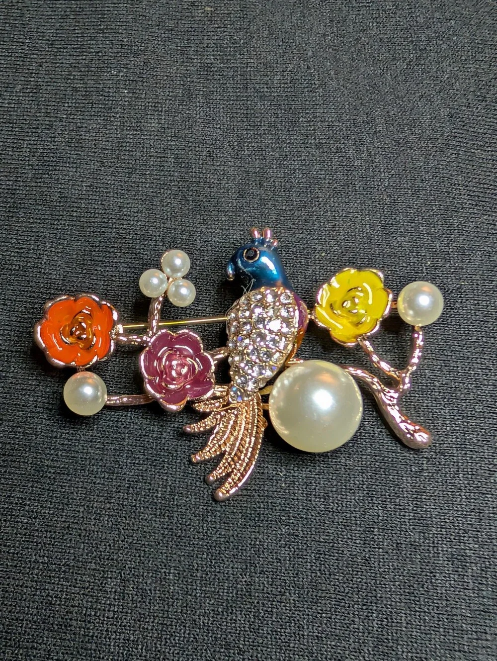 Pearl & Enamel Parrot Floral Brooch - Multicolor